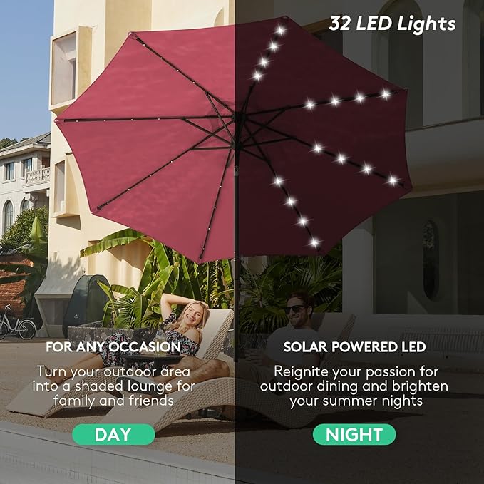 JEAREY 9FT Outdoor Patio Umbrella with Solar Lights, LED Lighted Pool Umbrella with Tilt and Crank, Outdoor Table Umbrellas for Deck, Yard & Market (Burgandy)