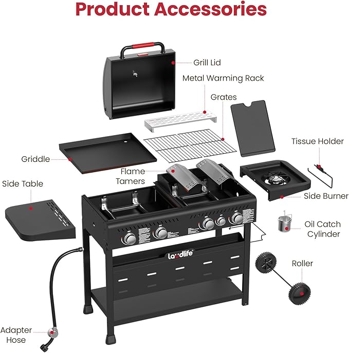LAUDLIFE 5-Burner Propane Grill Griddle Combo with Side Burner, Dual Zone BBQ Gas Grill, Non-Stick Porcelain-Enameled Surface, Easy to Clean, 702 Sq.In. Cooking Area, Heavy-Duty Stand for Backyard