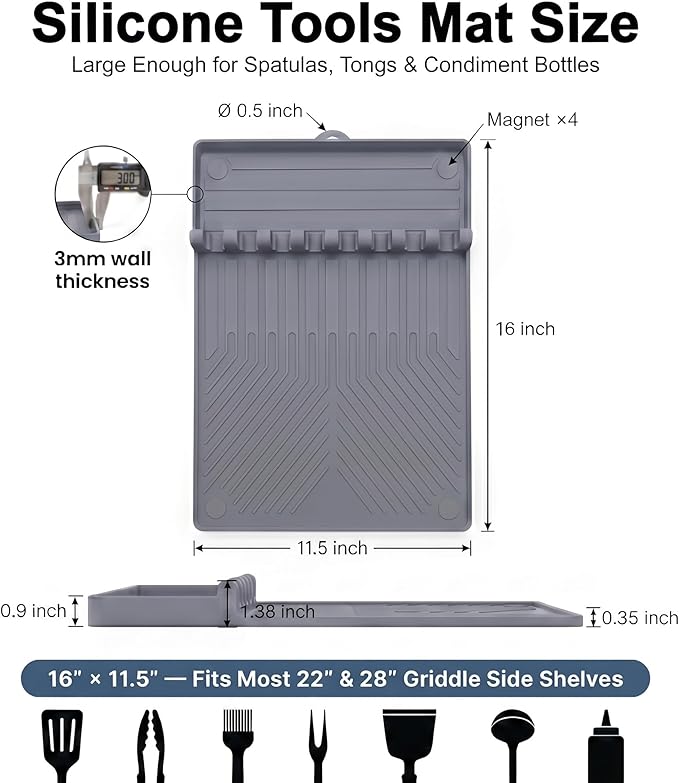 Magnetic Silicone Side Shelf Mat for Blackstone Griddle - 4 Corner Magnets, Extra Thick, Linear Drip Channels, 446°F Heat Resistant, 16"x11.5", Fits Weber Traeger Pit Boss, BBQ Gift for Men