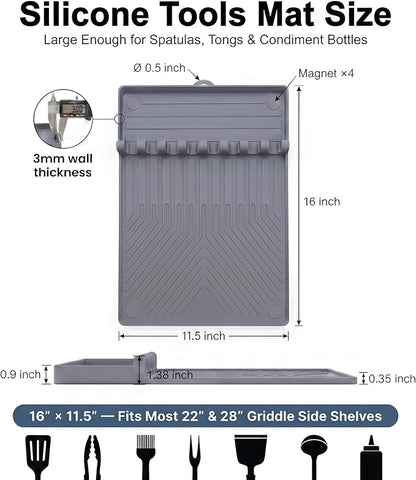 Magnetic Silicone Side Shelf Mat for Blackstone Griddle - 4 Corner Magnets, Extra Thick, Linear Drip Channels, 446°F Heat Resistant, 16"x11.5", Fits Weber Traeger Pit Boss, BBQ Gift for Men