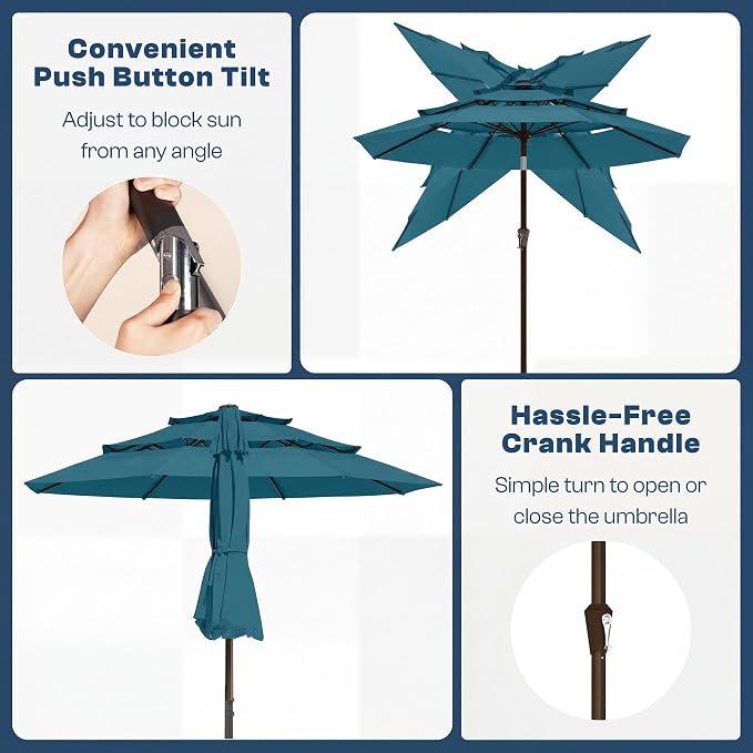 10ft 3 Tier Patio Umbrella, Outdoor Market Table Umbrella with UPF 50+ Vented Canopy, 8 Sturdy Ribs, Easy Push Button Tilt and Crank, Windproof for Deck, Pool, Backyard and Garden