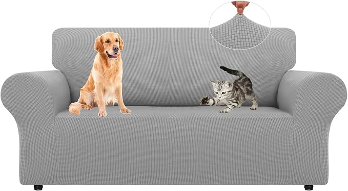 LURKA Stretch Loveseat Couch Cover 1 Piece 2 Cushion Sofa Slipcover, Sliver | Soft Stretch Jacquard, Fits 55"-78" Loveseats, Elastic Bottom for Secure Fit, Machine Washable, Pet & Kid Friendly