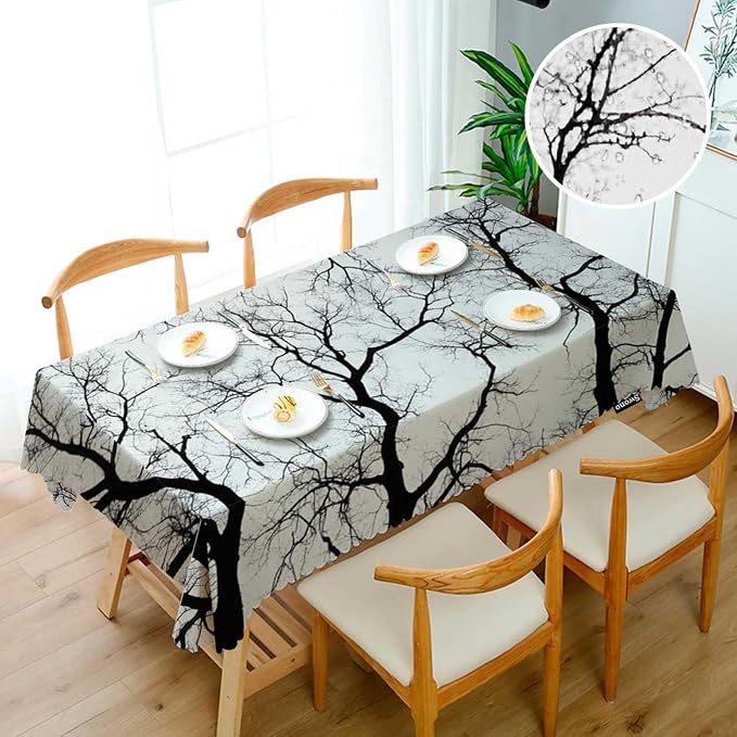 Swono Dead Tree Tablecloth Black White Tree Branch Rectangle Table Cloth Washable Plaid Table Cover for Kitchen Holiday Dinner Camping BBQ, 52x 70 Inch Tablecloth