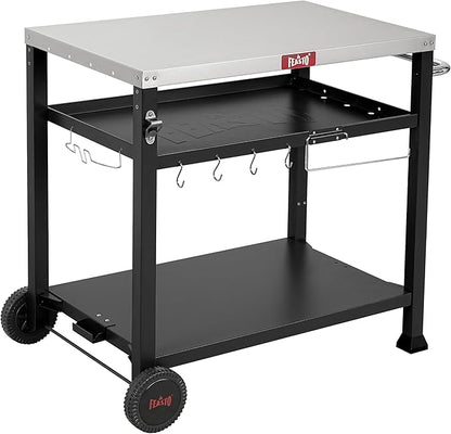 Feasto 3-Shelf Pizza Oven Table with 33.5" x 21.7" Stainless Tabletop, Outdoor Grill Cart with Tank Hook for Pizza Ovens & Griddles, Heavy-Duty Prep Station for Patio BBQ and Deck Parties, Black