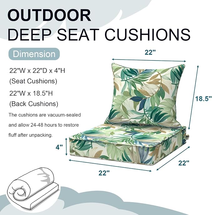 DYTXIII Outdoor Deep Seat Cushion Set, Water Repellent 22"x22" Patio Thick Cushions Replacement with Seat & Back Pillow for Patio Sofa, Wicker Chair, Couch - Lush Leaf Green