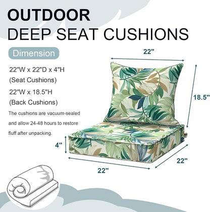 DYTXIII Outdoor Deep Seat Cushion Set, Water Repellent 22"x22" Patio Thick Cushions Replacement with Seat & Back Pillow for Patio Sofa, Wicker Chair, Couch - Lush Leaf Green