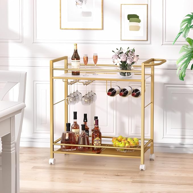 Joaxswe Bar Cart w/Wheels,Home Bar Serving Cart w/Storage Shelves,Gold | 2 Tier Rolling Beverage Cart,Modern Wine Cart w/ Wine Rack and Glass Holder for Kitchen, Living Room,Dinning Room