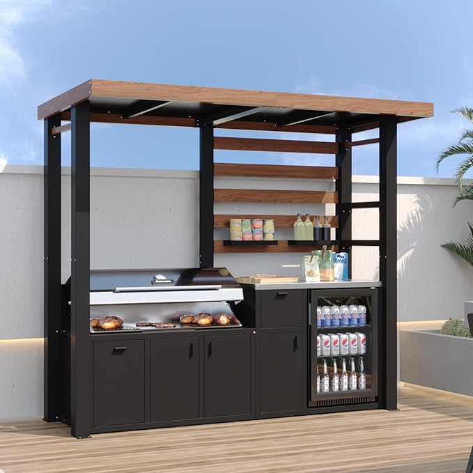 8.6'W Full Steel Outdoor Kitchen Cabinet, Patio Kitchen Island with Galvanized-Steel Roof and Stainless-Steel Countertop, BBQ Grill Station Bar Table with Storage