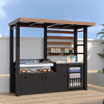 8.6'W Full Steel Outdoor Kitchen Cabinet, Patio Kitchen Island with Galvanized-Steel Roof and Stainless-Steel Countertop, BBQ Grill Station Bar Table with Storage