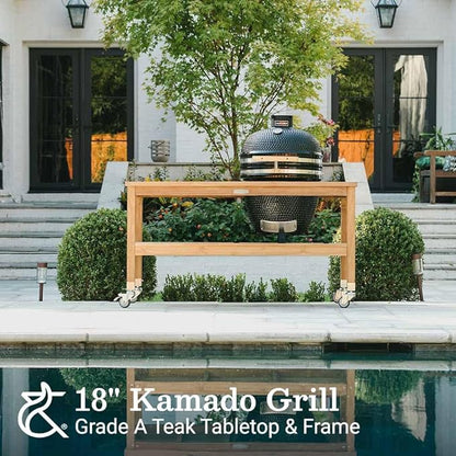Ash & Ember 18" Kamado Grill Kit with Grade A Teak Table, Spacious Shelves, Built-In Thermometer, Airflow Vent, Heat Deflector, Ash Drawer, Ash Tool, Clip Tool, Protective Cover Included