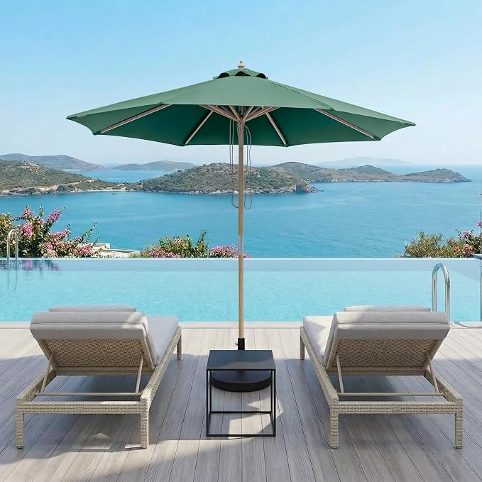9FT/10FT Wood Patio Umbrella, Large Outdoor Table Pool Umbrella | 205G Olefin/180G Polyester Fabric, Push-Pull Operation Market Umbrella, 8 Rib Vented Canopy, Ideal for Patio, Backyard