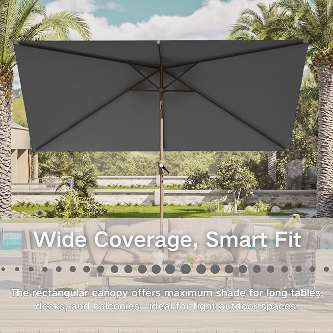 6.5' x 10' Rectangular Patio Umbrella Large Outdoor Market Umbrella w/UV Protection, Push Button Tilt and Crank Lift, Rectangle Table Umbrella for Garden, Deck, Pool, Patio, Grey
