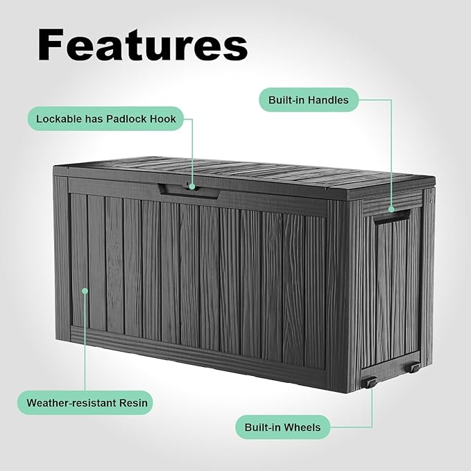 90 Gallon Large Outdoor Storage Box Waterproof, UV Resistant Resin Deck Box for Patio Furniture,Garden Tools,Cushions, Easy to Install（Black）