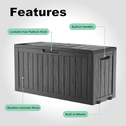 90 Gallon Large Outdoor Storage Box Waterproof, UV Resistant Resin Deck Box for Patio Furniture,Garden Tools,Cushions, Easy to Install（Black）