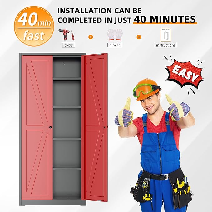 INTERGRAET 63" H Pantry Cabinet, Kitchen Pantry Storage Cabinets with 2 Doors and 4 Shelves, Metal Storage Cabinet,Cupboard for Home,Kitchen,Living Room/Dining, Black Red