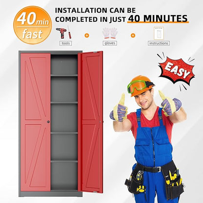 INTERGRAET 63" H Pantry Cabinet, Kitchen Pantry Storage Cabinets with 2 Doors and 4 Shelves, Metal Storage Cabinet,Cupboard for Home,Kitchen,Living Room/Dining, Black Red