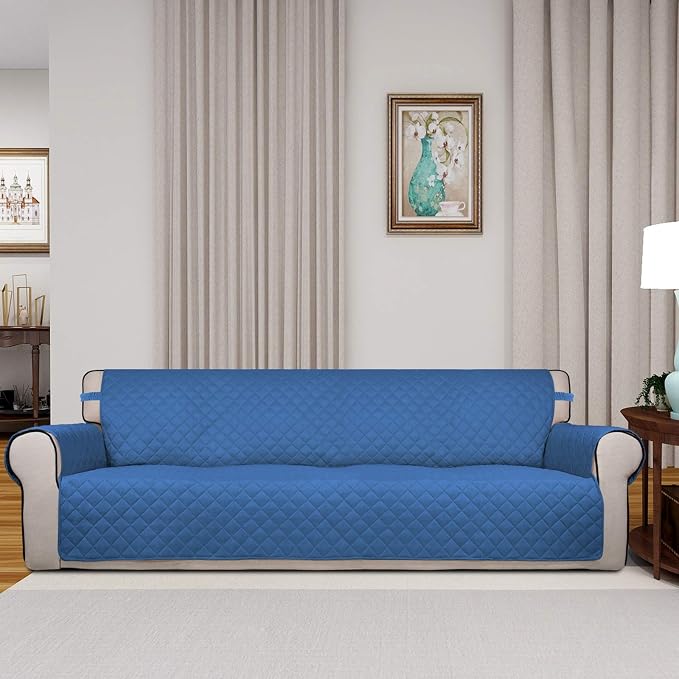 PureFit Reversible Quilted Couch Covers for Dogs Sofa Cover 4 Seater 88" | Blue/Ivory, Water Resistant Couch Protector, Washable Pet Couch Cover with Non Slip and Elastic Straps For Kids