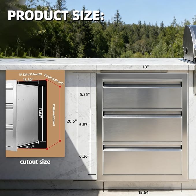 Outdoor Kitchen Drawers 18" x 20.5" x 20.5" Stainless Steel Triple Drawer Cabinet, Flush Mount Modular Storage for BBQ Islands & Patios