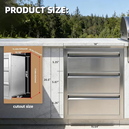 Outdoor Kitchen Drawers 18" x 20.5" x 20.5" Stainless Steel Triple Drawer Cabinet, Flush Mount Modular Storage for BBQ Islands & Patios