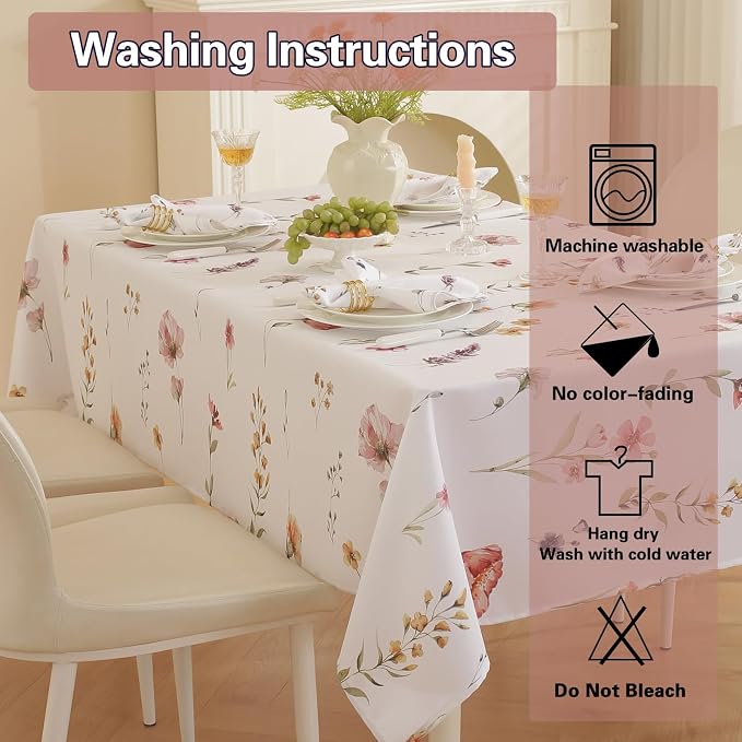 SASTYBALE Spring Summer Floral Tablecloth 60x120 Inch Rectangle | Watercolor Wildflower, Wrinkle-Free, Washable, Stain Resistant Table Cloth for Kitchen, Dining, Farmhouse, Holiday Decor