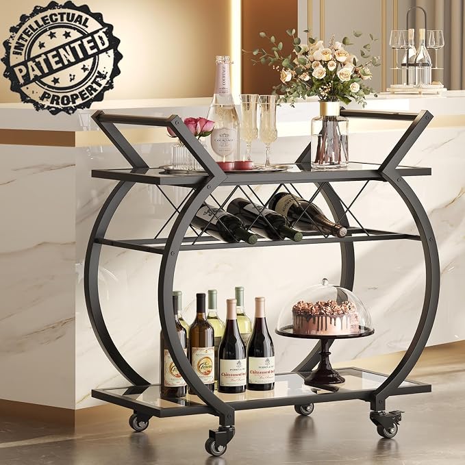 LVB Bar Cart with Glass, Black Bar Cart with Wheels, Home Bar Serving Cart | 2 Tier Glass Shelves Bar Cart with Storage, Wine Cart with Wine Rack, Liquor Cart for Kitchen, Bar, Dinning Room