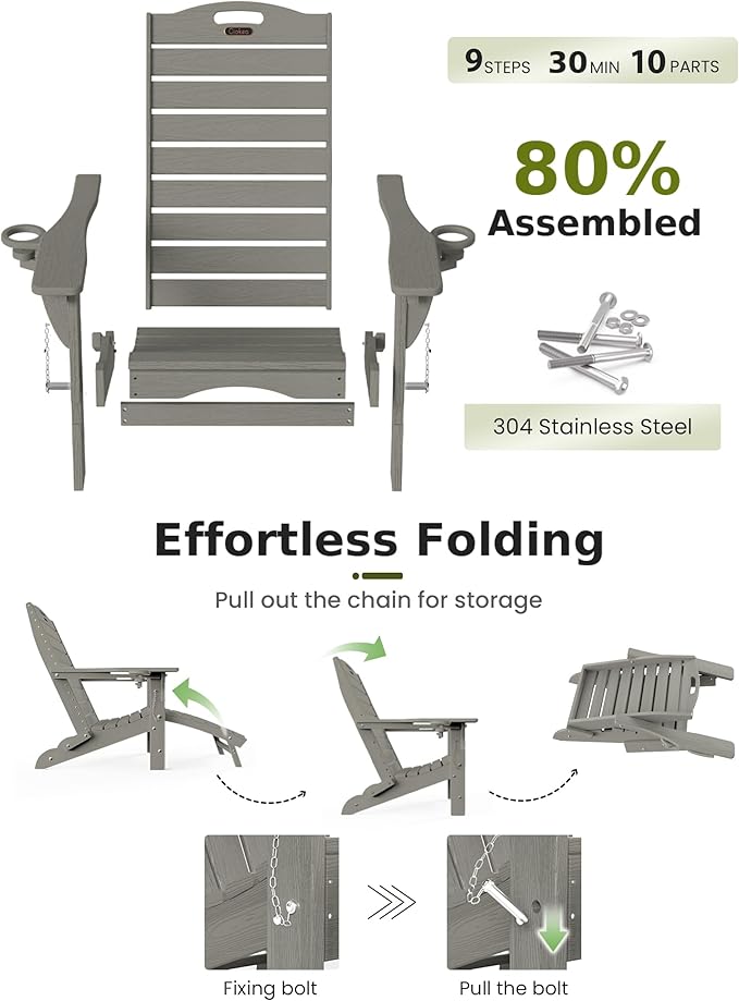 Ciokea Folding Adirondack Chair Set of 4 with Retractable Ottoman Fire Pit Patio Chair with Pull Out Foot Rest Weather Resistant Lawn Outdoor Chair with 2 Cup Holder (Grey)