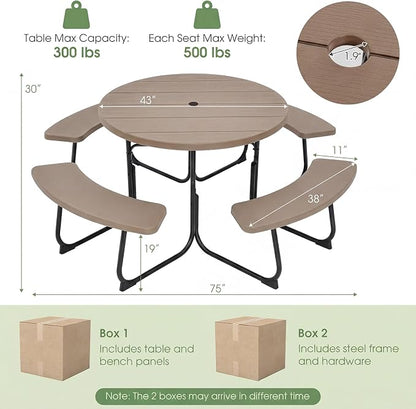 Tangkula 8 Person Picnic Table, Outdoor Round Picnic Table with 4 Built-in Benches, Umbrella Hole, Metal Frame & HDPE Tabletop, Outside Table and Bench Set for Backyard, 2300lbs Weight Capacity