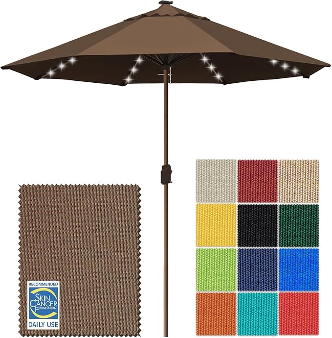EliteShade USA 10-Year-Non-Fading 10ft Market Patio Umbrella, Commercial Grade Table Sun Umbrella with 80 Solar LED Lights, Crank Open, Windproof & UPF 50+ UV Protection for Garden, Deck, Pool, Backyard, No Tilt, Chestnut