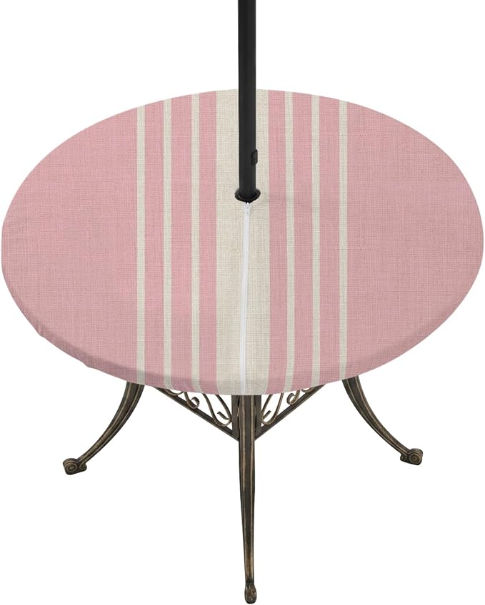 Outdoor Fitted Tablecloth with Umbrella Hole and Zipper, Pink Beige Striped Elastic Round Patio Table Cover, Farmhouse Retro Lines Modern Windproof Table Protector for Backyard BBQ Party 36''-44''