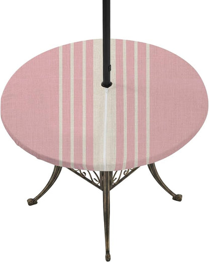 Outdoor Fitted Tablecloth with Umbrella Hole and Zipper, Pink Beige Striped Elastic Round Patio Table Cover, Farmhouse Retro Lines Modern Windproof Table Protector for Backyard BBQ Party 36''-44''