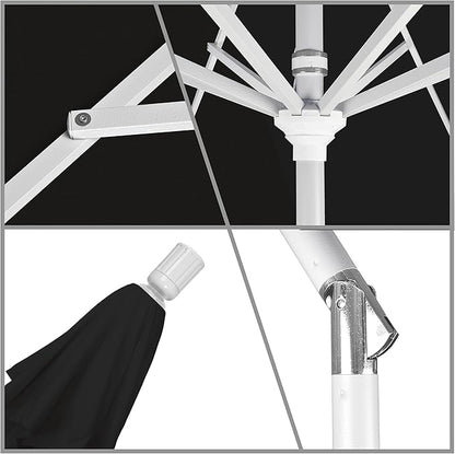 California Umbrella 9' Round Aluminum Market Umbrella, Crank Lift, Collar Tilt, White Pole, Black Olefin