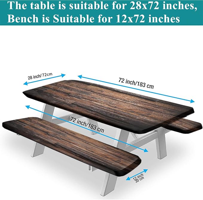 Rustic Brown Hardwood Elastic Fitted Tablecloth and Seat Covers, Rough Chocolate Dark Timber Rectangle Tablecloths, 3 Pieces Set, Wood Texture Table Cloths for Outdoor Party Camping Use, 72x28 Inch