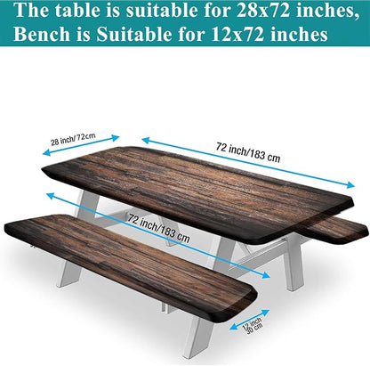 Rustic Brown Hardwood Elastic Fitted Tablecloth and Seat Covers, Rough Chocolate Dark Timber Rectangle Tablecloths, 3 Pieces Set, Wood Texture Table Cloths for Outdoor Party Camping Use, 72x28 Inch