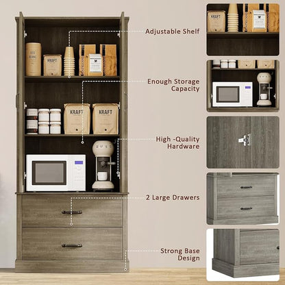 GarveeHome Kitchen Pantry Cabinet, Farmhouse Storage Cabinet with Barn Doors, Drawers and Adjustable Shelves, Versatile Storage for Kitchen, Dining Room, Grey