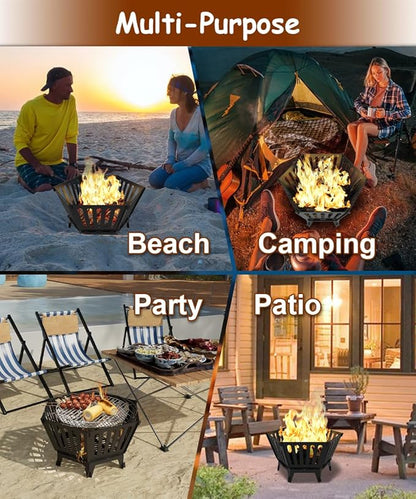 22.5 Inch Portable Hexagon Fire Pit with Travel Bag — Smokeless Patented Design Outdoor Wood Burning Fire Pit for Camping, Backyard, Patio, Bonfire, Picnic and BBQ, Vertical Hollow Style