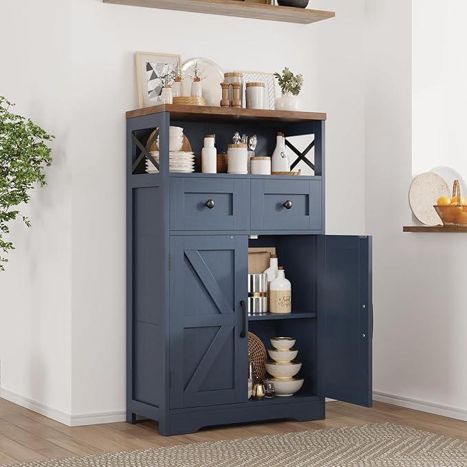 Befrases Farmhouse Blue Storage Cabinet with Barn Doors and Drawers, Small Freestanding Kitchen Pantry Cabinet, Hutch Cupboard for Kitchen, Laundry, Living Room,Bathroom