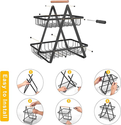 mahueeol 2-Tier Metal Fruit Basket for Kitchen Counter with Wooden Handle | Detachable rectangular baskets hold fruits, vegetables, bread and snacks; use stacked or separately in kitchens and pantries