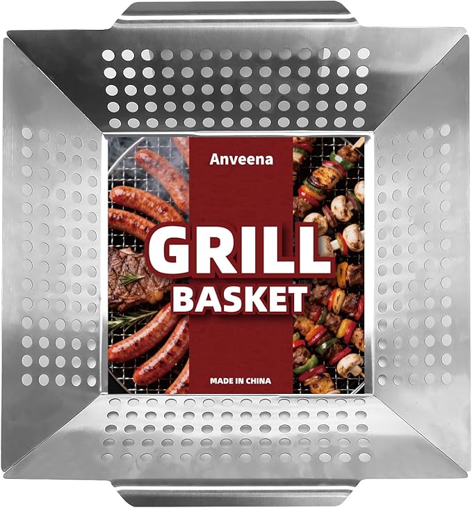 Anveena Grill Baskets 1 Pack Stainless Steel Grilling Basket for Indoor and Outdoor Use, Heavy Duty Vegetables Grill Basket for Veggies and Kabob, Suitable for All Grills, Dishwasher Safe
