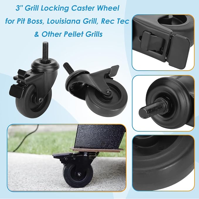 74064 Wheels for Pit Boss Replacement Wheels, 3" Locking Caster Wheels for Pit Boss Replacement Parts PB700S Navigator 1150 850, Austin XL, Pro Series Parts