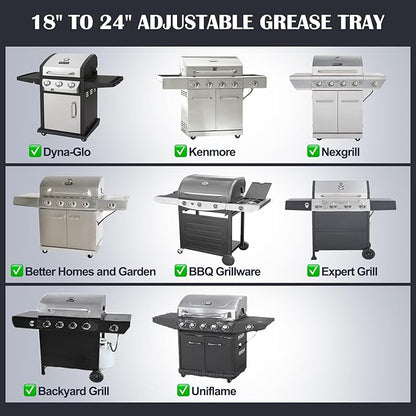 Hiorucet Grease Tray with Catch Pan for Nexgrill, Dyna Glo, Kenmore, BHG, Expert, Backyard Grill, Uniflame, BBQ Pro, BBQ Grillware Grill Replacement Parts, Adjustable 18''-24'' Gas Grill Drip Pan.