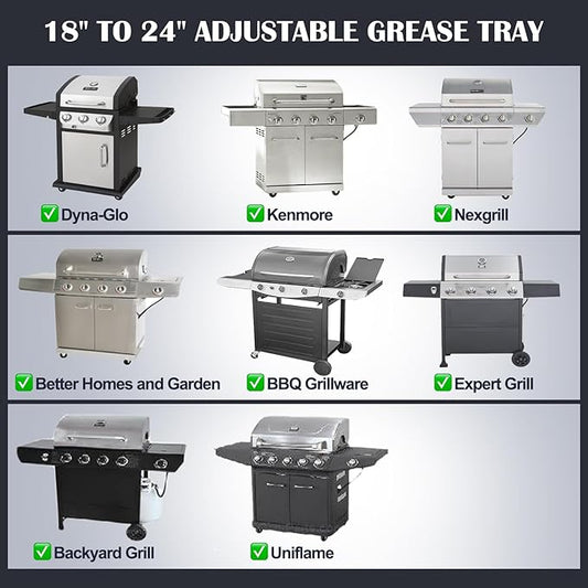 Hiorucet Grease Tray with Catch Pan for Nexgrill, Dyna Glo, Kenmore, BHG, Expert, Backyard Grill, Uniflame, BBQ Pro, BBQ Grillware Grill Replacement Parts, Adjustable 18''-24'' Gas Grill Drip Pan.