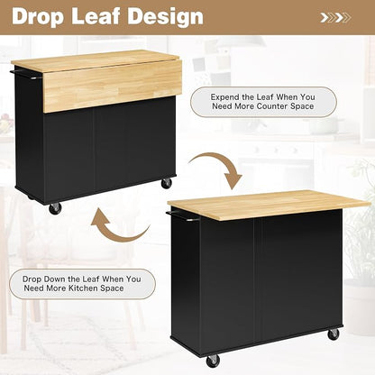 Shintenchi Kitchen Island with Folding Drop Leaf, Rolling Island Table with Storage, Kitchen Cabinet on Wheels with Seating Area for Kitchen, Bar Cart with Cabinet, Black