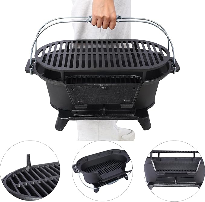Cast Iron Hibachi Grill & Skillet Combo, Portable Charcoal Hibachi Grills, Compact Camping Charcoal Cooker for Tailgating, Picnics & Hunting (A)