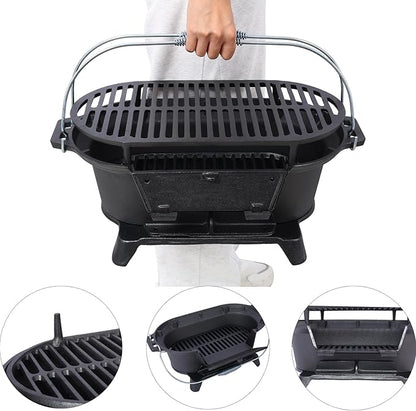 Cast Iron Hibachi Grill & Skillet Combo, Portable Charcoal Hibachi Grills, Compact Camping Charcoal Cooker for Tailgating, Picnics & Hunting (A)