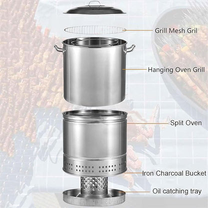 2-in-1 Vertical Charcoal BBQ Smoker 16" Round Charcoal Barbecue Grill Heavy-Duty Portable Grill for Outdoor Camping Picnic Backyard Cooking, Heat-resistant Temperature 500°C/932F°Can Hold 50 Skewers