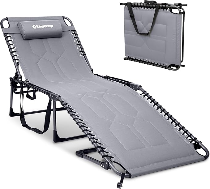 KingCamp Oversized Tanning Chair, Extra-Wide Padded Folding Chase Lounge Chairs Portable Adjustable 5-Position 440lbs Heavy Duty Lounger with Double-Layer Oxford for Outdoor Beach Patio Sun Pool Grey
