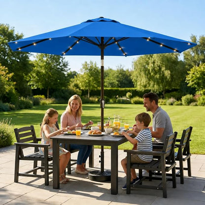 10FT Solar Lighted Patio Umbrella, Outdoor Table Market Umbrellas with Push Button Tilt and Crank, 32 LED Lights, 8 Sturdy Ribs, UV-Resistant for Deck, Garden, Pool
