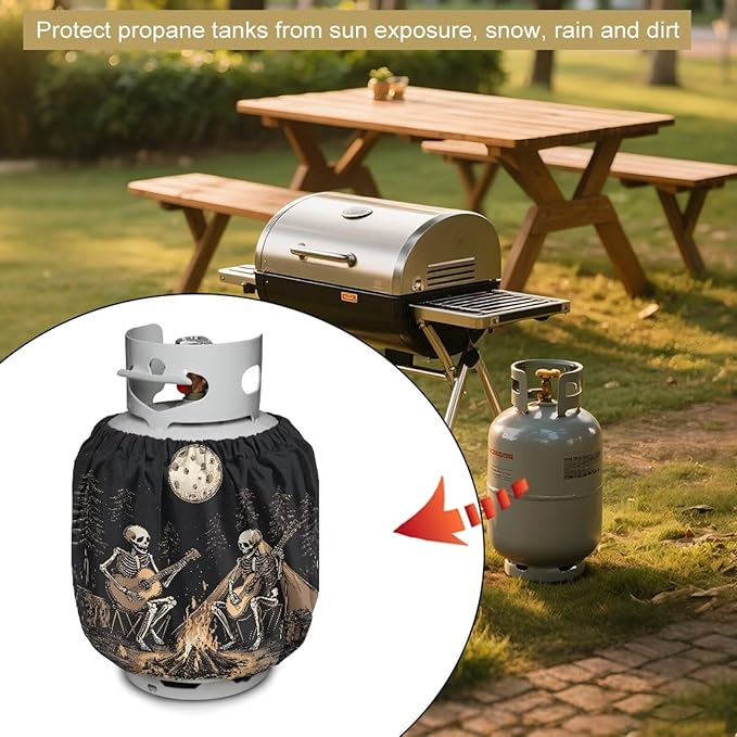 Camper Propane Tank Cover -Skeleton Camping - Outdoor 600D Heavy Duty Waterproof Covers Fits Standard 20 lb Cylinder, 13.7'' x 16.5'' for Rv Trailer