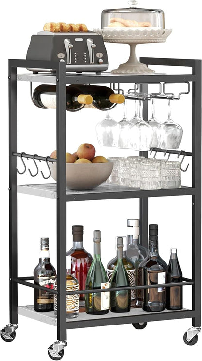 TUTOTAK Bar Cart with Wheels, Drink Cart with Wine Rack and Glass Holder | 3-Tier 17 Inch Wide Home Bar Serving Carts, Small Mobile Kitchen Shelf with 6 Hooks, Marble White BC01BM032
