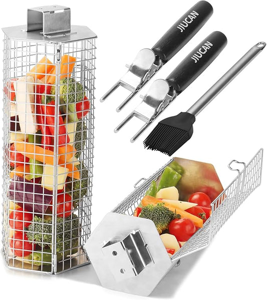Grill Baskets Set, 2 PCS Stainless Steel Grill Baskets with Removable Wooden Handles, Nesting BBQ Tools, Hexagon Design for Outdoor Cooking Camping, Birthday Gifts for Men Dad Husband